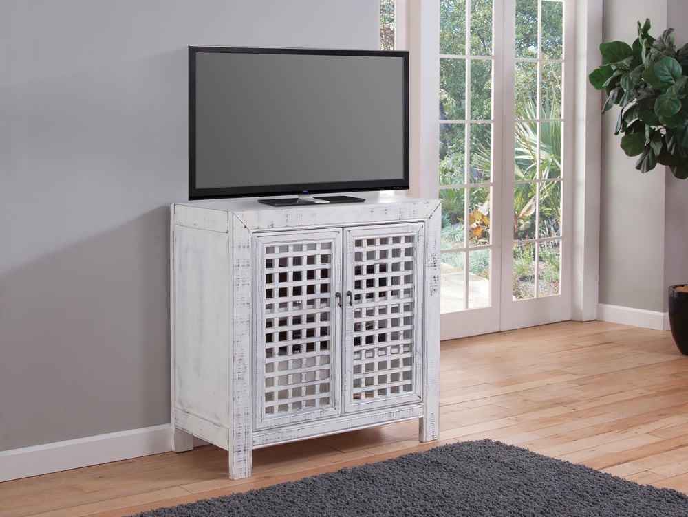English Elm Steve Silver - Rio Accent Cabinet Vintage Pie-Safe Style with Lattice Doors, Distressed White Farmhouse Charm, Remote-Friendly Storage B081110871