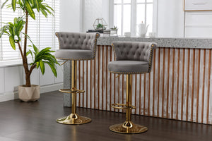 English Elm Coolmore Velvet Swivel Barstools Set Gold Legs Adjustable Height Kitchen Island Seating Pair Gray W1539103100