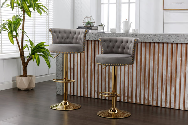 English Elm Coolmore Velvet Swivel Barstools Set Gold Legs Adjustable Height Kitchen Island Seating Pair Gray W1539103100