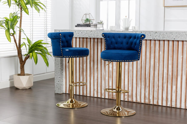 English Elm Coolmore Velvet Swivel Barstools Set Gold Legs Adjustable Height Kitchen Island Seating Pair Navy W1539103099