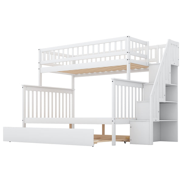 English Elm Twin Pine Twin-Over-Full Bunk Bed with Trundle and Staircase Storage, Space-Saving Durable Design White GX000403AAK-1