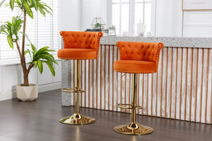 English Elm Coolmore Velvet Swivel Barstools Set Gold Legs Adjustable Height Kitchen Island Seating Pair Orange W1539103103