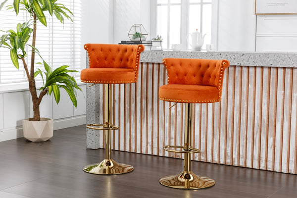 English Elm Coolmore Velvet Swivel Barstools Set Gold Legs Adjustable Height Kitchen Island Seating Pair Orange W1539103103