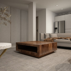 English Elm Low Profile Solid Wood Square Coffee Table for Modern Living Rooms and Sectional Sofas B02441956