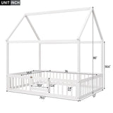 Hearth and Haven Full Size Wood House Bed with Fence and Door Wash WF303134AAK