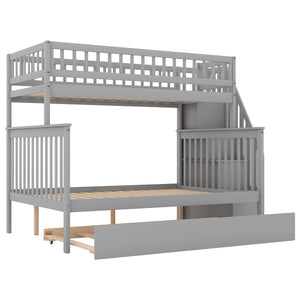 English Elm Twin Pine Twin-Over-Full Bunk Bed with Trundle and Staircase Storage, Space-Saving Durable Design Gray GX000403AAE-1