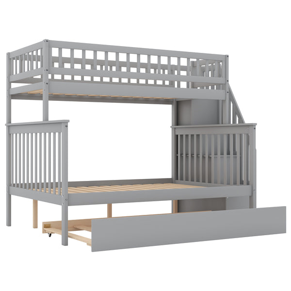 English Elm Twin Pine Twin-Over-Full Bunk Bed with Trundle and Staircase Storage, Space-Saving Durable Design Gray GX000403AAE-1