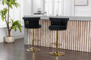 English Elm Coolmore Velvet Swivel Barstools Set Gold Legs Adjustable Height Kitchen Island Seating Pair Black W1539103098
