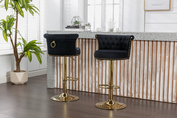 English Elm Coolmore Velvet Swivel Barstools Set Gold Legs Adjustable Height Kitchen Island Seating Pair Black W1539103098