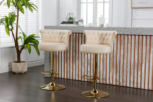 English Elm Coolmore Velvet Swivel Barstools Set Gold Legs Adjustable Height Kitchen Island Seating Pair Beige W1539103097