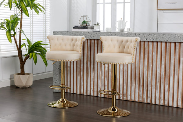 English Elm Coolmore Velvet Swivel Barstools Set Gold Legs Adjustable Height Kitchen Island Seating Pair Beige W1539103097