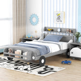 Twin Size Car-Shaped Platform Bed, Twin Bed with Storage Shelf For Bedroom, Gray