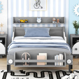 Twin Platform Bed with Storage Shelf, Car-Shaped Design - Gray Pine Wood - 81