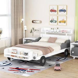 Hearth and Haven Twin Size Car-Shaped Platform Bed, Twin Bed with Storage Shelf For Bedroom, White WF305170AAK