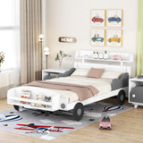 Twin Size Car-Shaped Platform Bed, Twin Bed with Storage Shelf For Bedroom, White