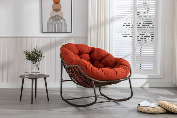 English Elm Outdoor Rattan Rocking Chair Oversized Hand-Woven Egg Recliner with Plush Cushion, Durable Steel Frame, Weather-Resistant Comfort for Patio Orange W640105284