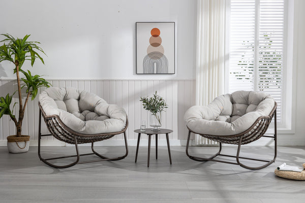 English Elm Outdoor Rattan Rocking Chair Oversized Hand-Woven Egg Recliner with Plush Cushion, Durable Steel Frame, Weather-Resistant Comfort for Patio Beige W640105281