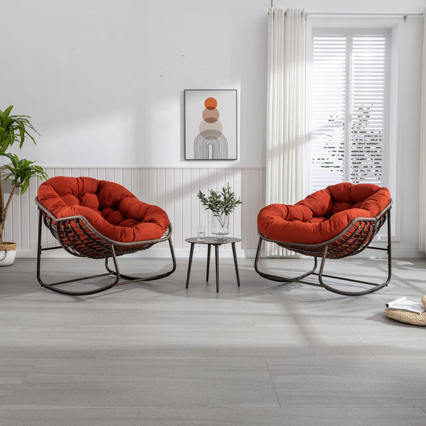 English Elm Outdoor Rattan Rocking Chair Oversized Hand-Woven Egg Recliner with Plush Cushion, Durable Steel Frame, Weather-Resistant Comfort for Patio Orange W640105284