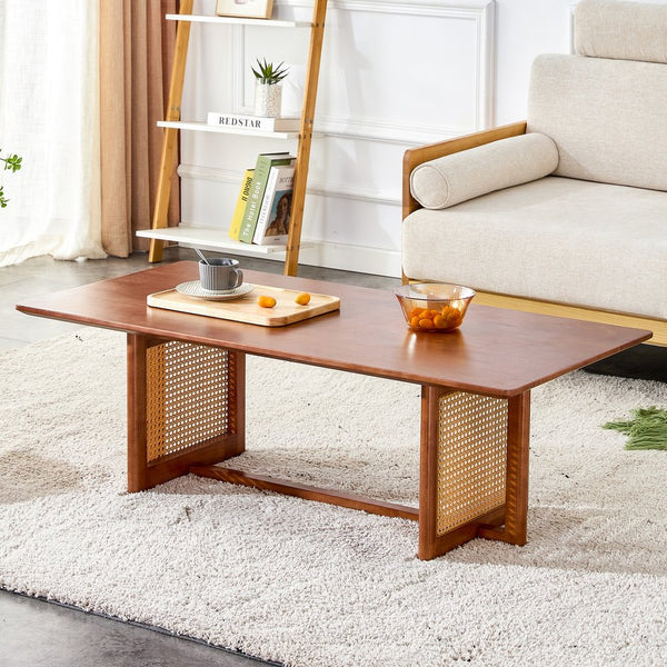 English Elm Chinese Rectangular Coffee Table - Walnut Rubberwood With Imitation Rattan For Small Spaces, Easy Assembly W1151P154605