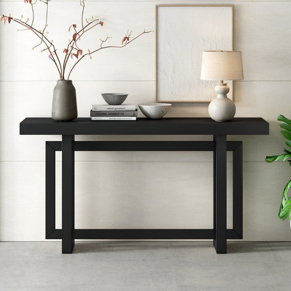 English Elm U_style Geometric Triple Frame Pine Veneer Console Table for Entryway or Living Room Black N711P230809B