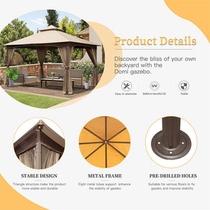 English Elm 10'x13' Gazebo Khaki – Heavy-Duty Metal Frame Double-Roof Patio Canopy with Zip Mosquito Netting W1859112528