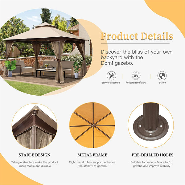English Elm 10'x13' Gazebo Khaki – Heavy-Duty Metal Frame Double-Roof Patio Canopy with Zip Mosquito Netting W1859112528