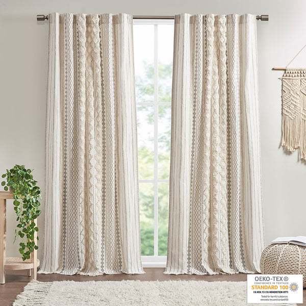 English Elm Cotton Imani Printed Curtain Panel with Chenille Stripe, Lined Privacy, Geometric Ivory 50x95" B035129660