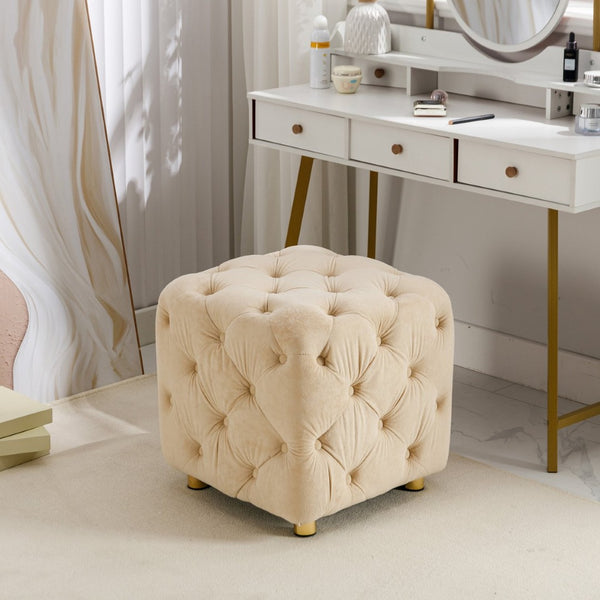English Elm Beige Velvet Cube Ottoman with Storage Solid Wood Frame Modern Living Room Accent Beige W1170103515