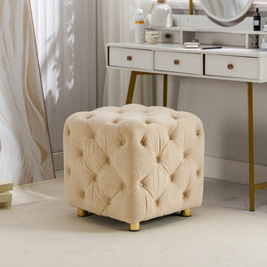 English Elm Beige Velvet Cube Ottoman with Storage Solid Wood Frame Modern Living Room Accent Beige W1170103515