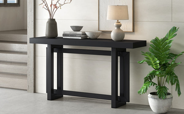 English Elm U_style Geometric Triple Frame Pine Veneer Console Table for Entryway or Living Room Black N711P230809B