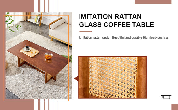 English Elm Chinese Rectangular Coffee Table - Walnut Rubberwood With Imitation Rattan For Small Spaces, Easy Assembly W1151P154605