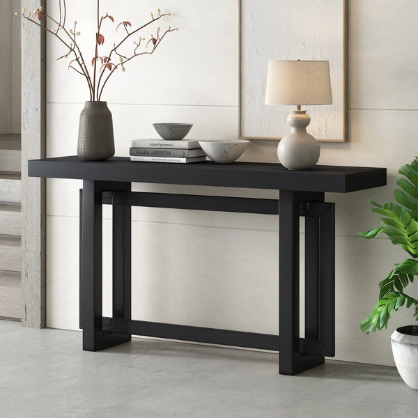 English Elm U_style Geometric Triple Frame Pine Veneer Console Table for Entryway or Living Room Black N711P230809B