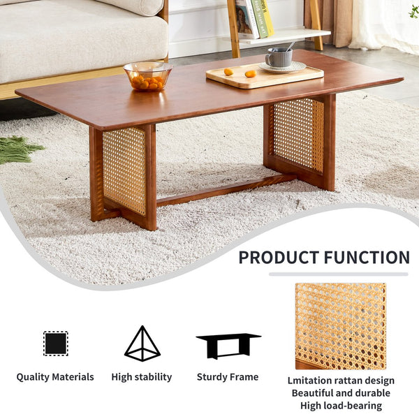 English Elm Chinese Rectangular Coffee Table - Walnut Rubberwood With Imitation Rattan For Small Spaces, Easy Assembly W1151P154605