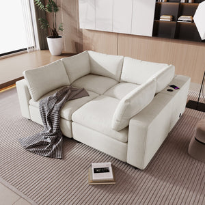 English Elm U-Style Upholstered Modular Sofa With Usb Charge Ports,Wireless Charging and Built-In Bluetooth Speaker In Arm,Sectional Sofa For Living Room Apartment(4-Seater)