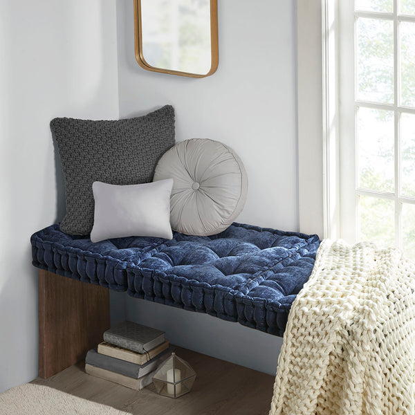 English Elm Poly Azza Chenille Square Floor Pillow Navy 20x20" — Tufted Scalloped Edge, Plush 100% Polyester Comfort & Versatile Layering B03596309