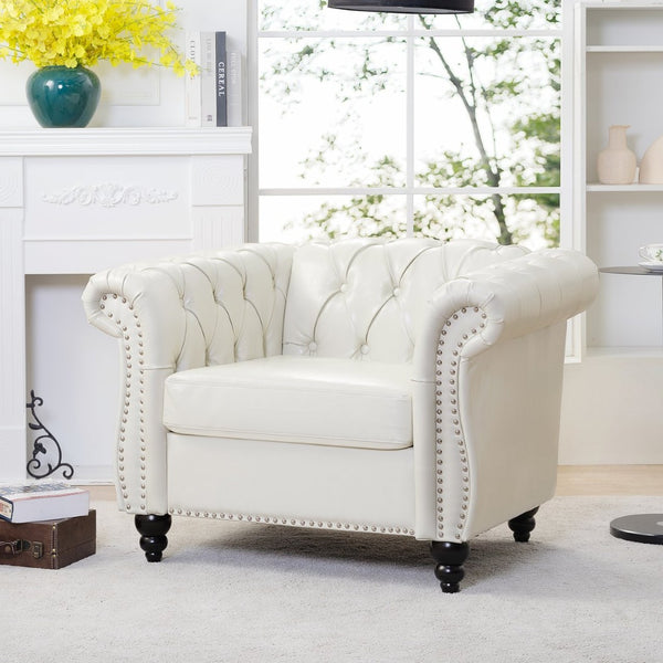 English Elm 1 Seater Pu Leather Tufted Accent Sofa with Birch Legs for Any Living Space White W680P405334