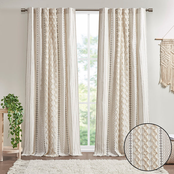 English Elm Cotton Imani Printed Window Panel with Tufted Chenille Stripe, Lined Ivory for Soft Privacy Multicolor 4.92 L x 12.2 W x 7.87 H B03596627