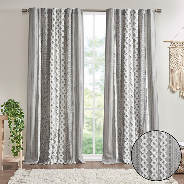 English Elm Cotton Imani Printed Window Panel with Tufted Chenille Stripe, Lined Ivory for Soft Privacy Gray 4.92 L x 12.2 W x 7.87 H B03596628