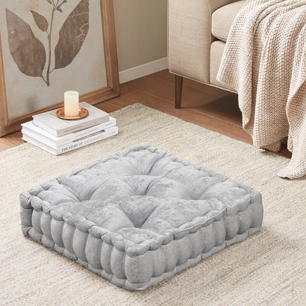 English Elm Poly Chenille Square Floor Pillow Cushion with Tufted Scalloped Edge, Soft Textured Chenille Comfort for Lounging Grey 20.67 L x 4.92 W x 20.08 H B03596306