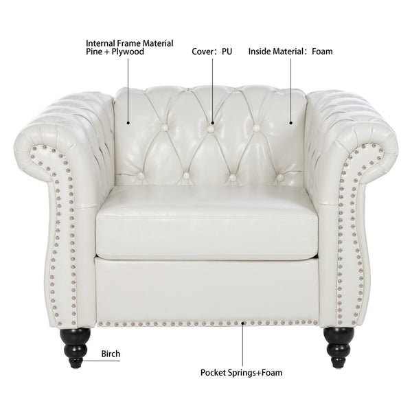 English Elm 1 Seater Pu Leather Tufted Accent Sofa with Birch Legs for Any Living Space White W680P405334