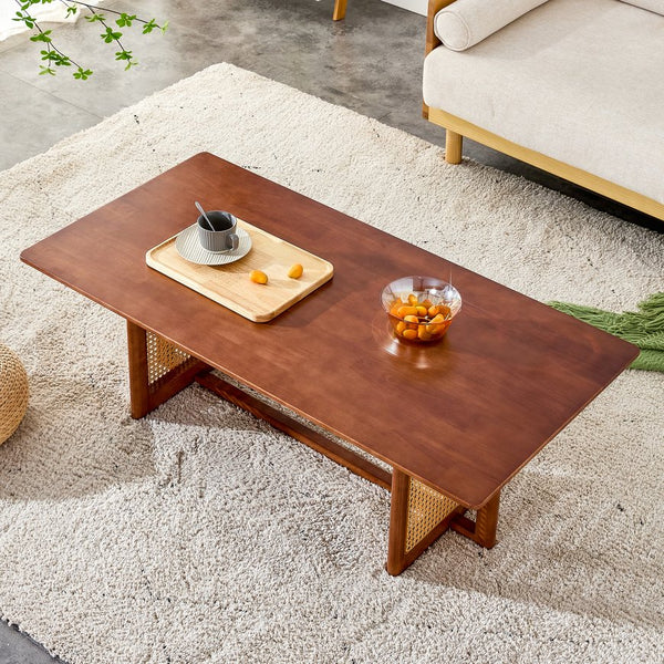 English Elm Chinese Rectangular Coffee Table - Walnut Rubberwood With Imitation Rattan For Small Spaces, Easy Assembly W1151P154605