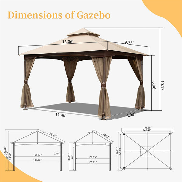 English Elm 10'x13' Gazebo Khaki – Heavy-Duty Metal Frame Double-Roof Patio Canopy with Zip Mosquito Netting W1859112528