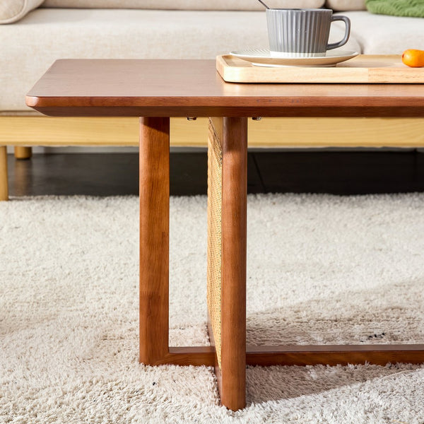 English Elm Chinese Rectangular Coffee Table - Walnut Rubberwood With Imitation Rattan For Small Spaces, Easy Assembly W1151P154605