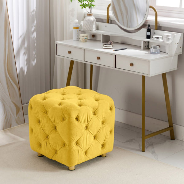 English Elm Beige Velvet Cube Ottoman with Storage Solid Wood Frame Modern Living Room Accent Yellow W1170103516