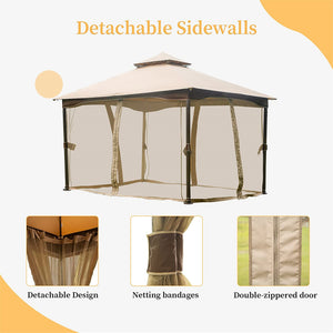 English Elm 10'x13' Gazebo Khaki – Heavy-Duty Metal Frame Double-Roof Patio Canopy with Zip Mosquito Netting W1859112528
