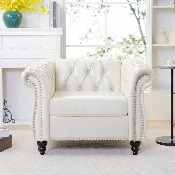 English Elm 1 Seater Pu Leather Tufted Accent Sofa with Birch Legs for Any Living Space White W680P405334