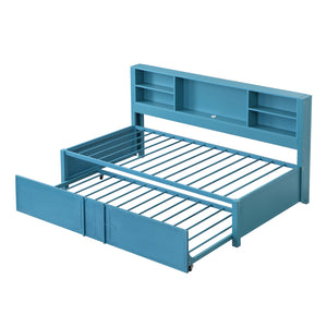 English Elm Metal Twin Size Daybed with Trundle, Built-In Shelves & USB Charging Ports for Small Spaces Blue GX001118AAC
