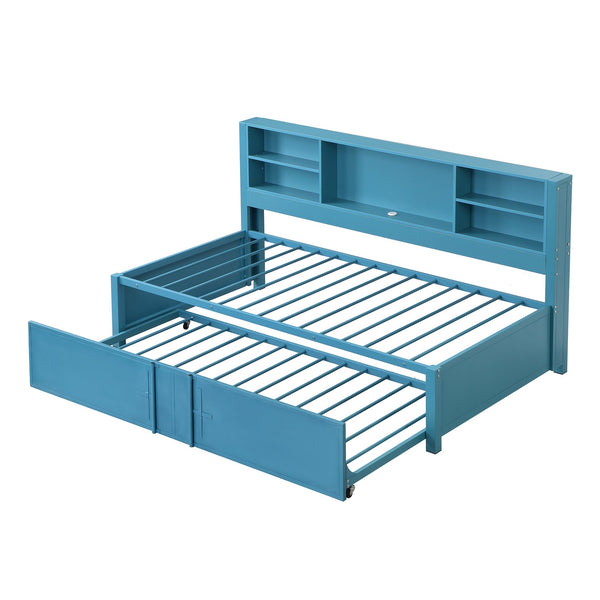 English Elm Metal Twin Size Daybed with Trundle, Built-In Shelves & USB Charging Ports for Small Spaces Blue GX001118AAC