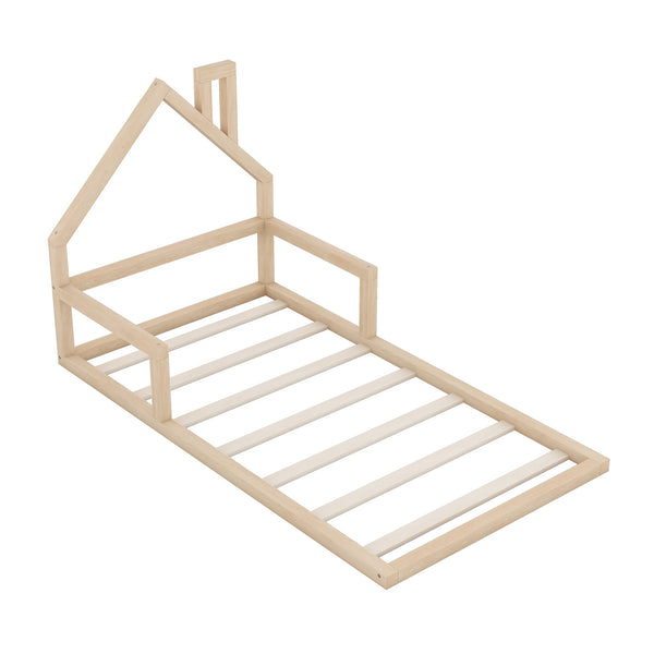 English Elm Twin House-Shaped Floor Bed for Kids Twin Size Pine Wood Frame with Playful Headboard, Stylish Decor & Sturdy Support Natural WF304145AAN