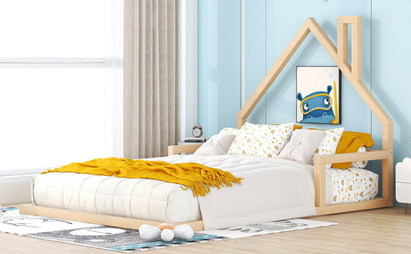 English Elm Full Full Size Wood Floor Bed with Charming House Headboard, Sleek Pine/MDF Design for Cozy Bedrooms Natural WF304146AAN